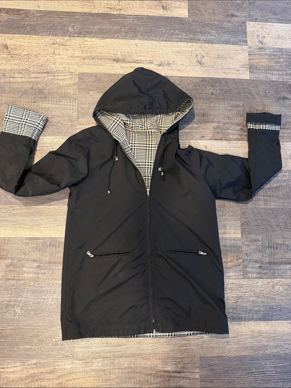 Woman’s  Black Hooded Reversible Raincoat with Check Lining